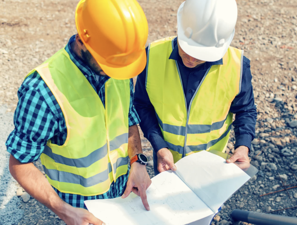 Two construction workers reading a blueprint on site